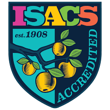 ISACS Accredited badge: a shield reading 'ISACS est. 1908, Accredited' with a branch bearing golden fruit.