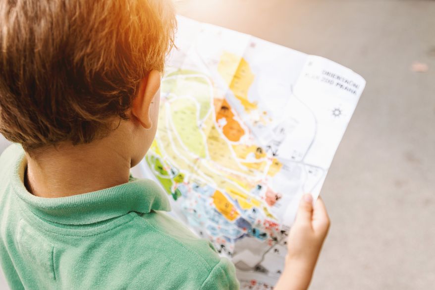 A young child studying a colorful map.